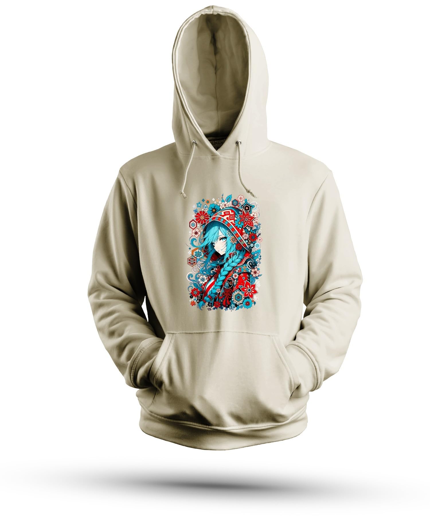 Anime dziewczęca niebieskie włosy Japonia Y2K bluza z kapturem, natura, M | Aesthetic warkocz kwiaty tradycyjny Cosplay fantazja prezent dla geek kolorowy portret folkloru
