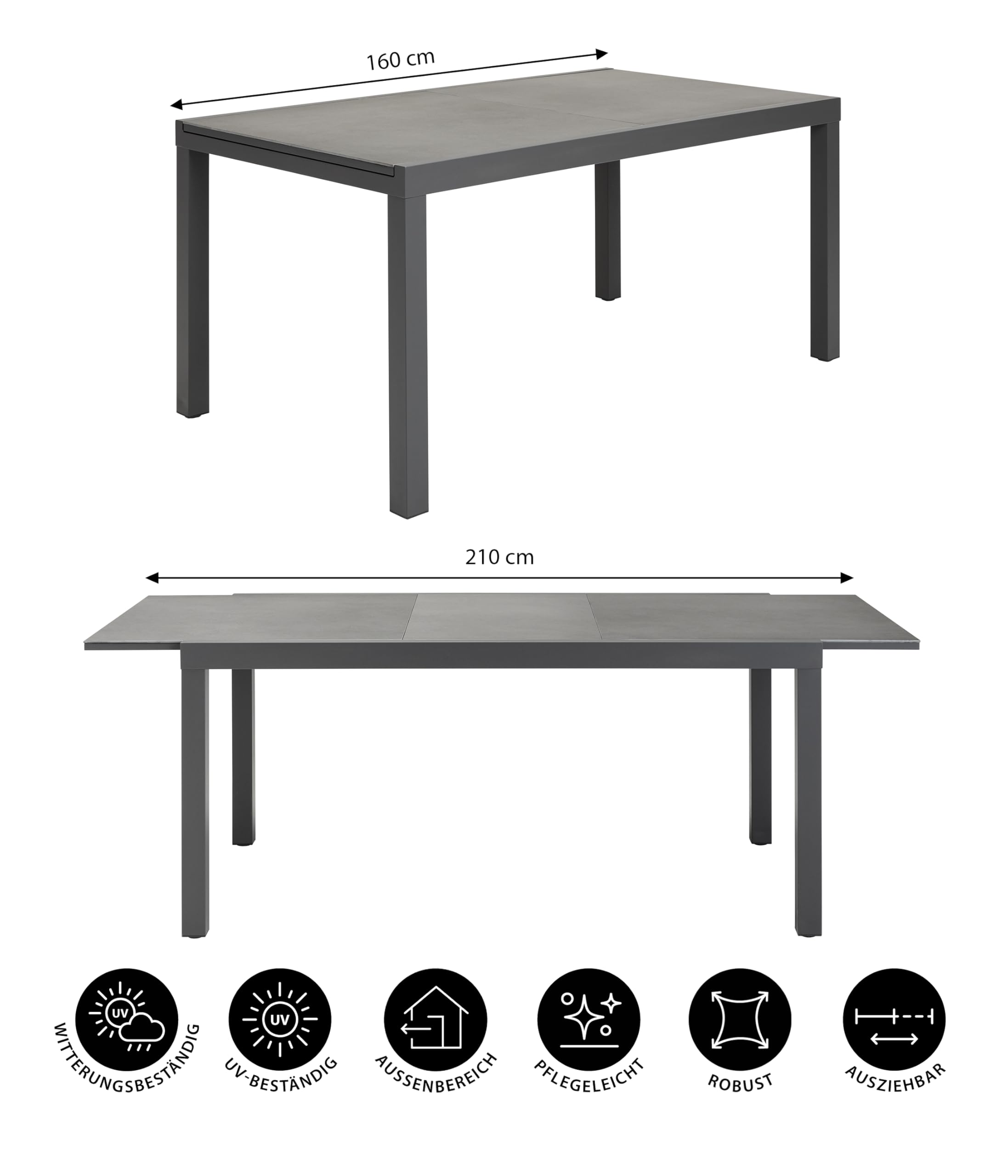 Dehner Ausziehtisch Chicago Dark, Kratzfeste Platte, 160/210 x 90 x 75 cm, Aluminium/Stein, pulverbeschichtet, dunkelgrau