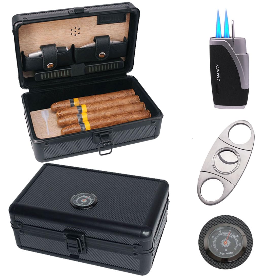 AMANCY Classy All-in-one Black Metal Cover Travel Cigar Humidor Storage Box with Built-in Hygrometer, Travel Cigar Case,Cigar Humidifier, Cigar Cutter and 3 jet Cigar Lighter Set