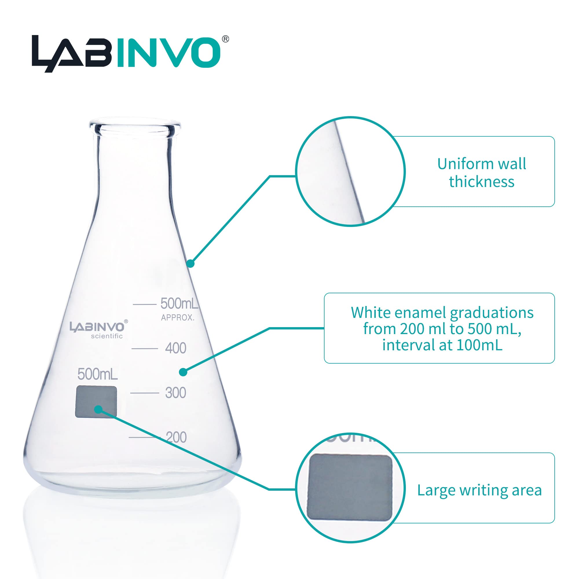Bocca stretta graduata vetro Erlenmeyer Flask, con marcatura macchia, 6pcs di Vol.500ml, 3.3 vetro borosilicato, IN-EFN500
