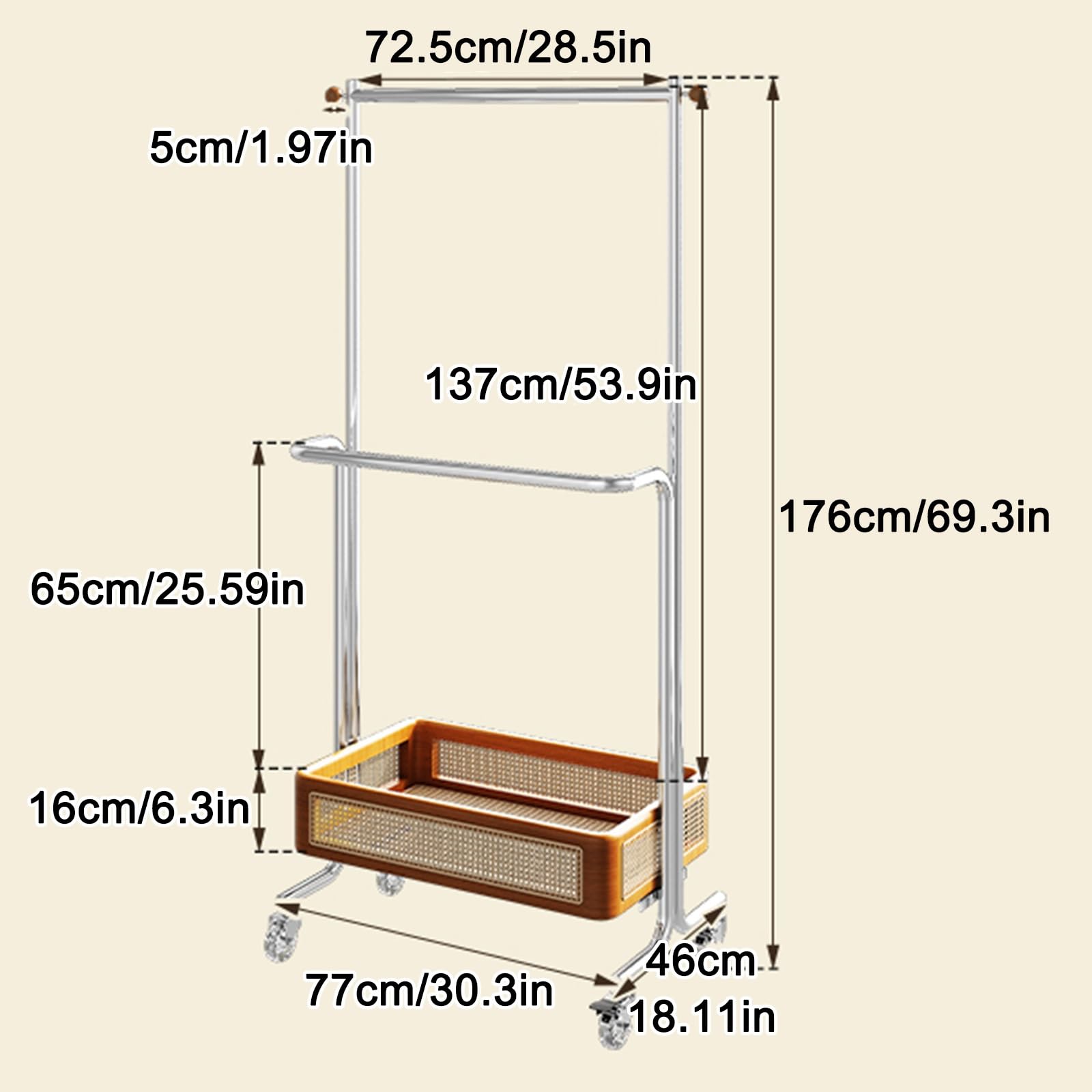 Kleiderständer mit Rollen, Metall Kleiderständer mit Aufbewahrungskorb, rollender Kleiderständer für Schlafzimmer, Waschküche, Wohnzimmer