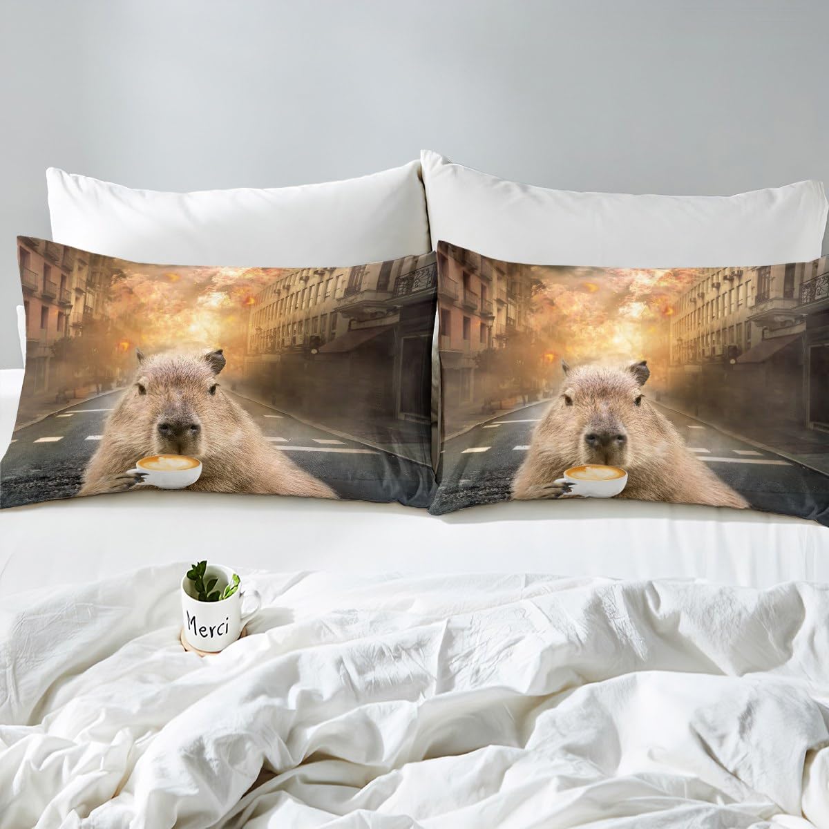 Homewish Capybara Bedding Set Funny Animal with Coffee Duvet Cover for Toddlers Kids Boys Girls Bedroom Cute Rodent Capybara Comforter Cover Lightweight Soft Microfiber Quilt Cover - Image 4