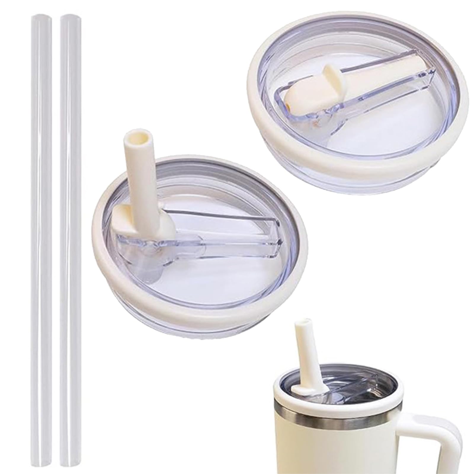 Lot 6 Couvercles Stanley Cup Étanchés - Anti-Fuites, Anti-Poussière, Avec Pailles & Brosses, Noir + Blanc Réutilisables