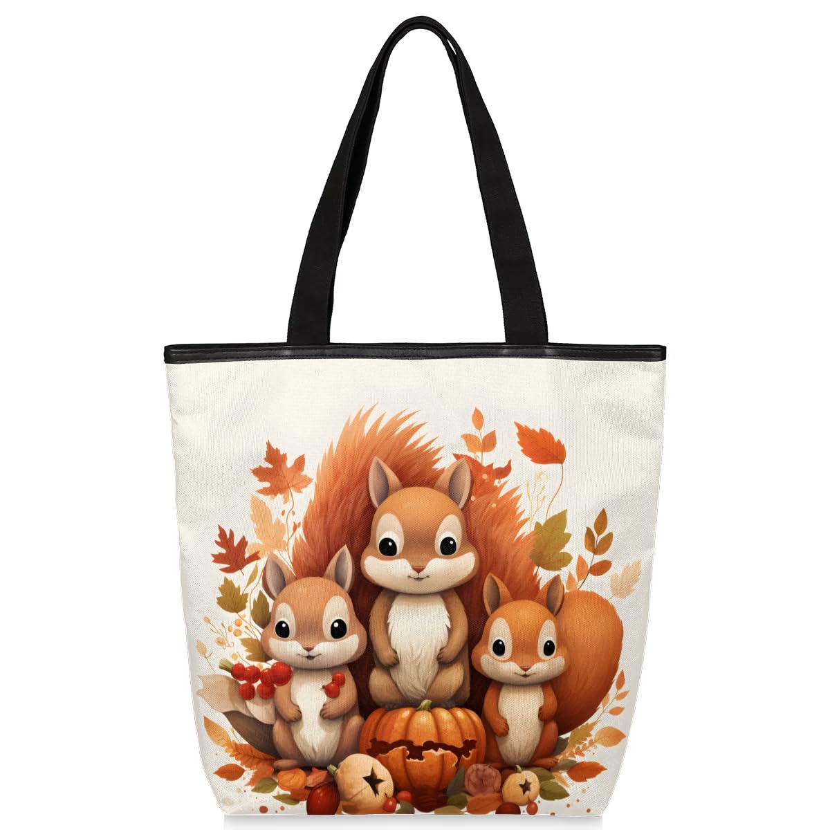 Mularoka Watercolour Squirrel Pumpkin Berry Maple Leaf Canvas Tote Bag with Zipper and Pockets Canvas Tote Shopping Bag Women Reusable Grocery Bag for Beach Travel Gym Shopping