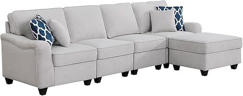 Lilola Home Leo - Sofá de 5 plazas de lino gris oscuro y otomano color gris claro