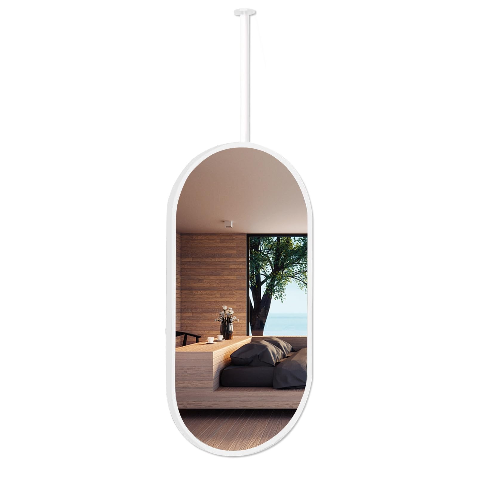 FGXHHS Wall Mounted Mirrors for Bathroom,Oval,Suspended Mirror with White Metal Frame Modern Nordic Vertical Hotel Hanging Decor HD - Customizable Pole (Size : 50cmx70cm)