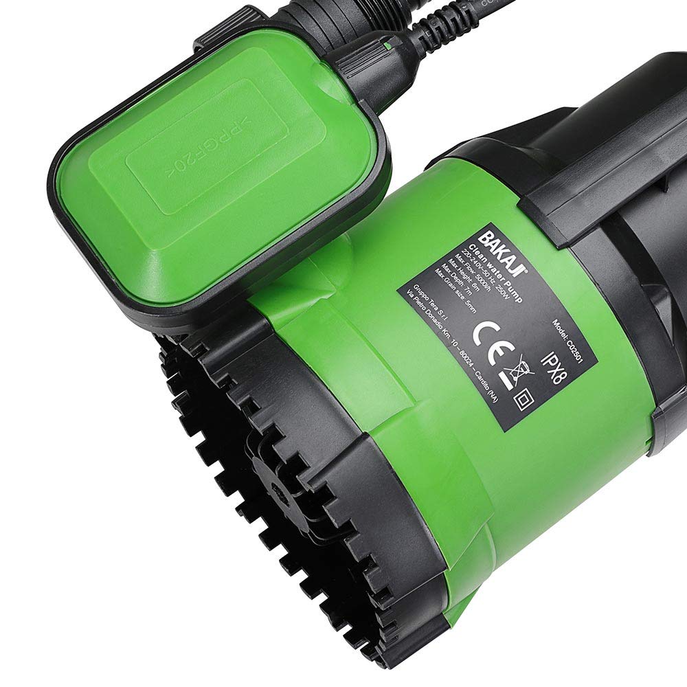 Bakaji Pompa Immersione Elettropompa Sommersa Acque Chiare Potenza 250W Portata 5000L/h Profondità Massima 7 Metri con Fondo Piatto Maniglia per il Trasporto e Cavo 10 metri