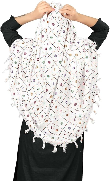 Image of Cotton Long Scarf Cum Mask Scarves Usable for Vehicle Driver | White Printed Design Fabric | Universal Size | Soft & Breathable Sun Protection | For Girl & Women