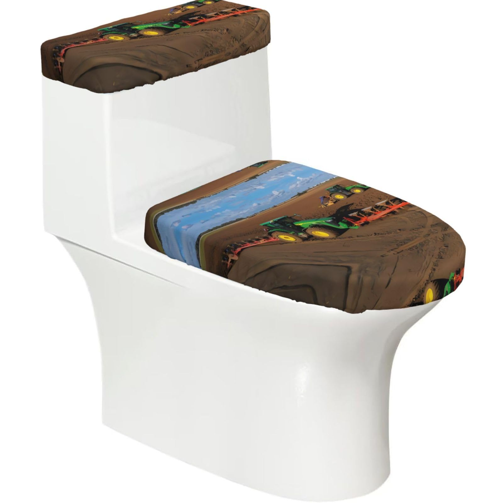 Tractor Farm 2-Piece Toilet Seat Cover Set with Tank Lid - Elastic for U-Shape & Elongated - Bathroom Decor