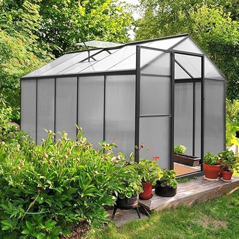 MUPATER 6'x 10' Greenhouse for Outdoors, Polycarbonate Greenhouse Heavy Duty, Greenhouse with Lockable Door and Adjustable Roof Vent, Aluminum Greenhouse Kit for Winter Plants, Backyard, Garden, Grey Cover