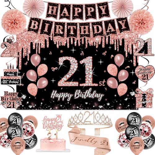 21st Birthday Decorations for Her 50Pcs PRE-STRUNG Rose Gold Black Party Set-21 Years Old Crown and Sash Banner Hanging Swirl Backdrop Decor CakeTopper Age Candle Balloons Paper Fans PRE-ASSEMBLED