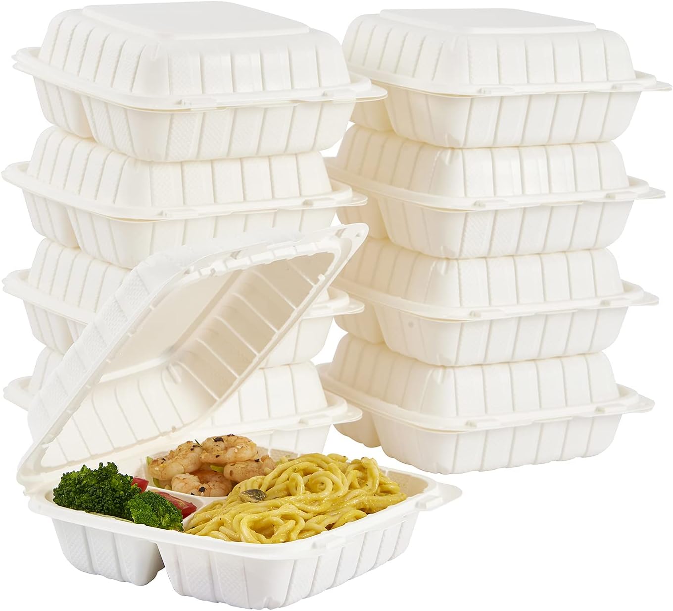 8X8" 3Compartment 50-Pack Plastic Clamshell Take Out Food Containers