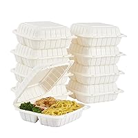 Vista 14 de Bandejas de comida para llevar de plástico tipo concha (clamshell) de 8"x8" con 3 compartimentos, paquete de 50, caja desechable Togo resistente