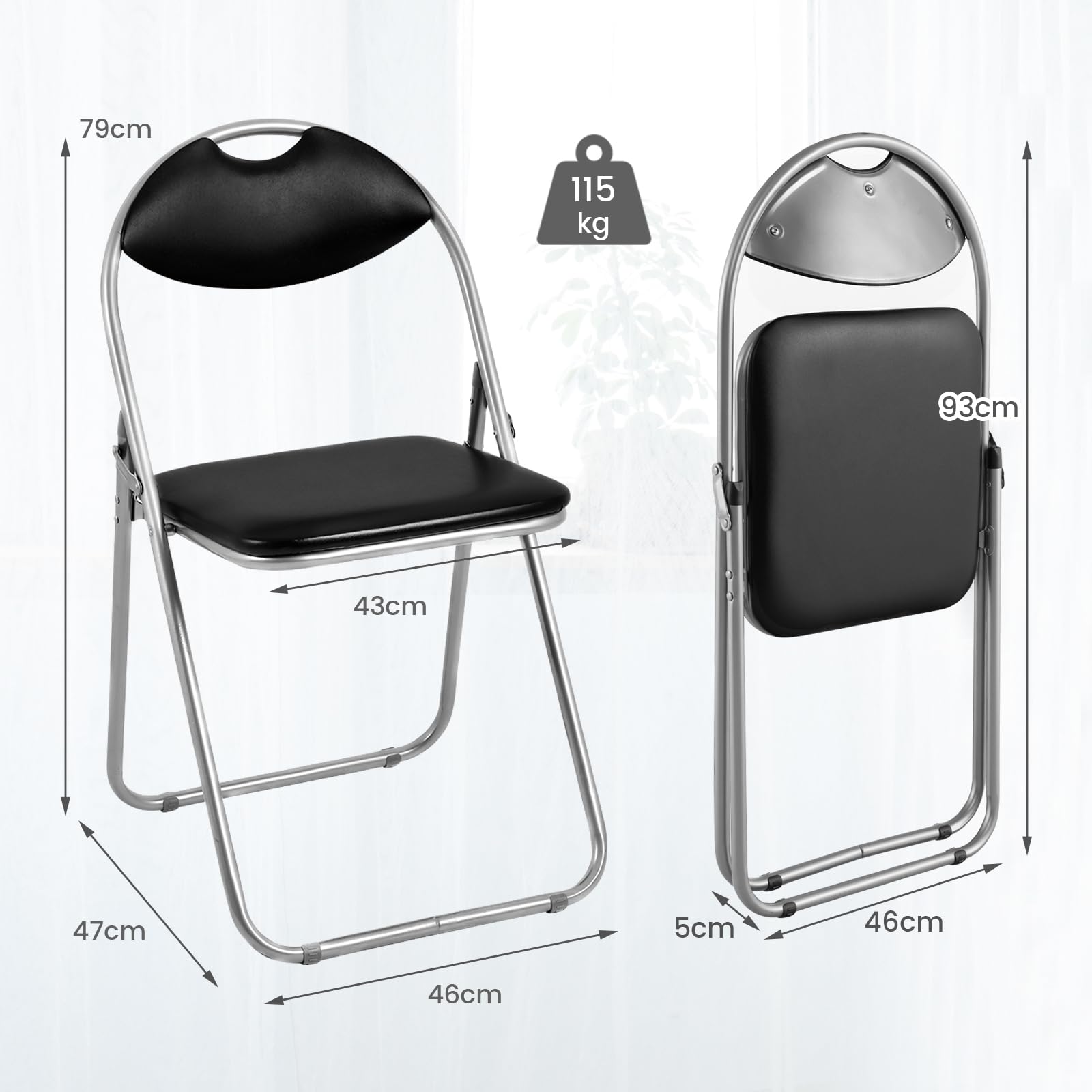 COSTWAY Lot de 4 Chaise Pliante en Métal, Chaise Visiteur Pliable Rembourré avec Poignée, Charge 115 kg, sans Assemblage, Noir (Moderne,4)