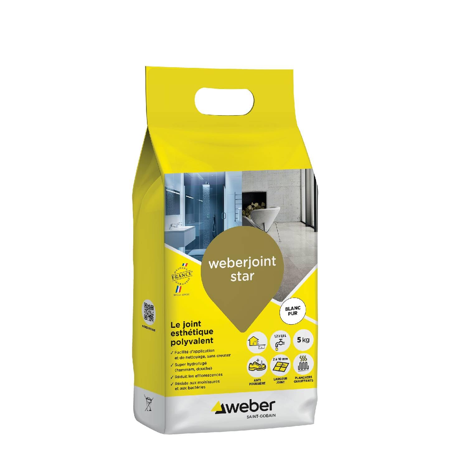 Weber Mortier joint carrelage décoratif hydrofugé, spécial intérieur et extérieur, largeur 2 à 10mm, 5kg, blanc pur, WEBERJOINT STAR