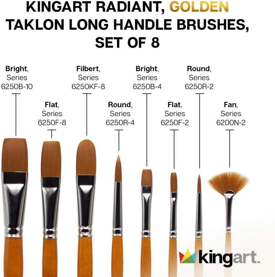 KINGART Premium Radiant, Golden Taklon Long Handle Brushes, Set of 8