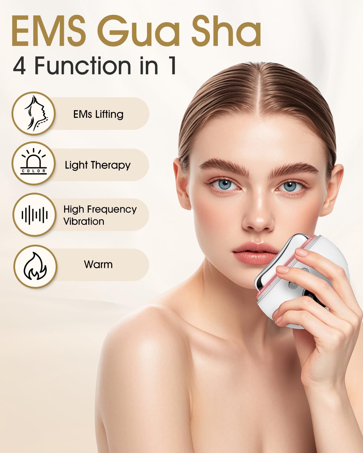 EMS Gua Sha Gesichtsmassagegerät, 4-in-1 Mikrostrom, Wärme & LED Lichttherapie (Rot, Lila, Blau), 9 Intensitätsstufen für Straffere Haut, Anti-Aging Schwellungen Elektrischer Face Lifter