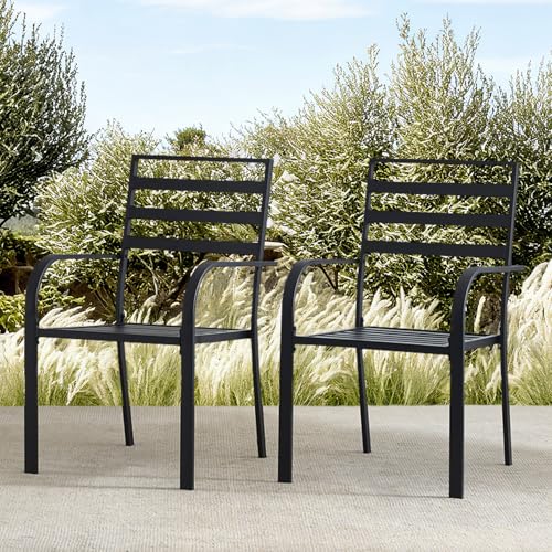 Stabrech Patio Chairs Set of 2, Wrought Iron Stackable Chairs with Solid Armrest, Black Metal Outdoor Dining Chair for Garden, Backyard, Porch, Balcony, Deck-Supports 300 lbs