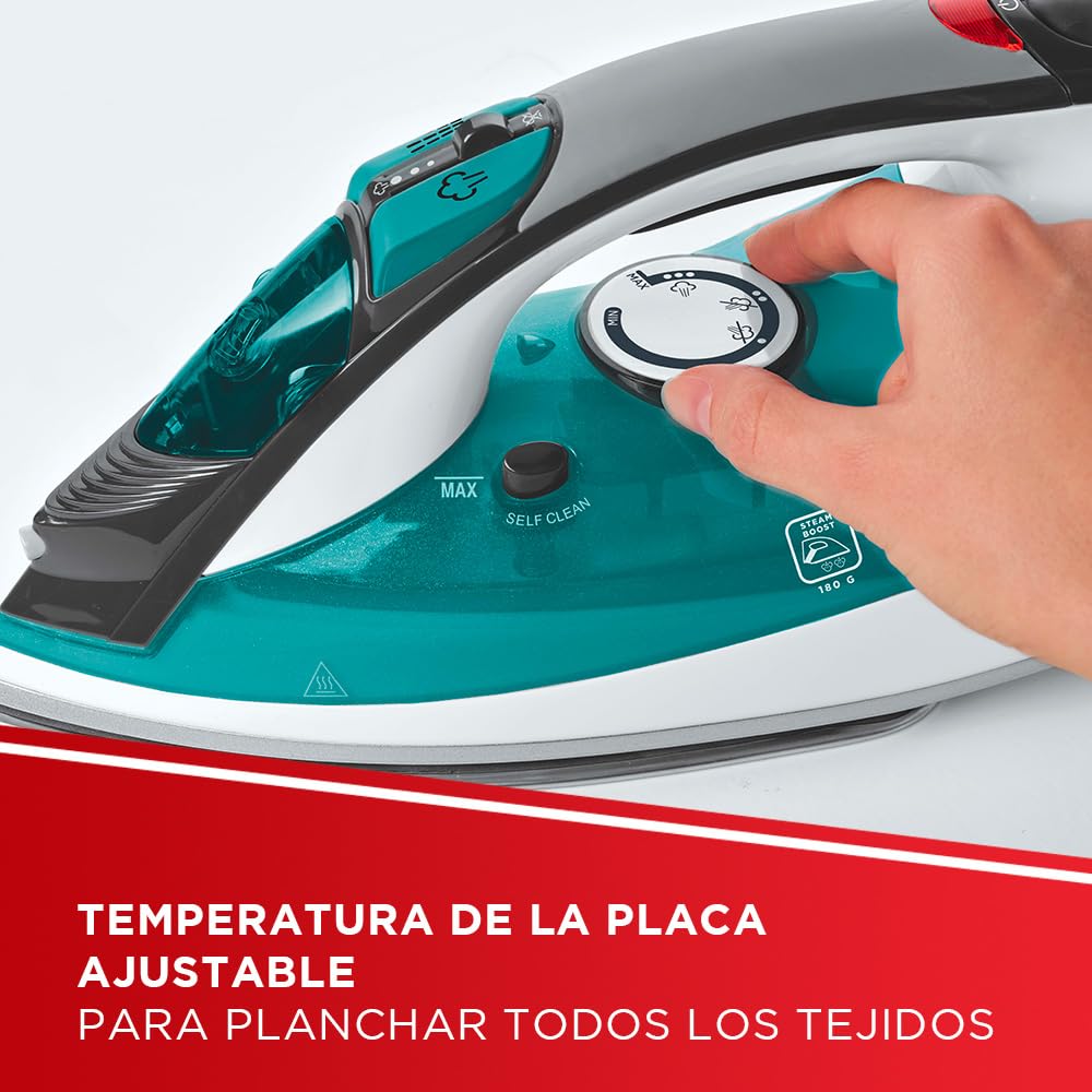 Polti Vaporella Quick&Comfort QC120, Plancha de Vapor con Suela de Acero Inoxidable, Empuñadura Soft Touch, Potencia 2200 W, Depósito 300 ml, Golpe de Vapor 180 g, Azul Claro y Negro