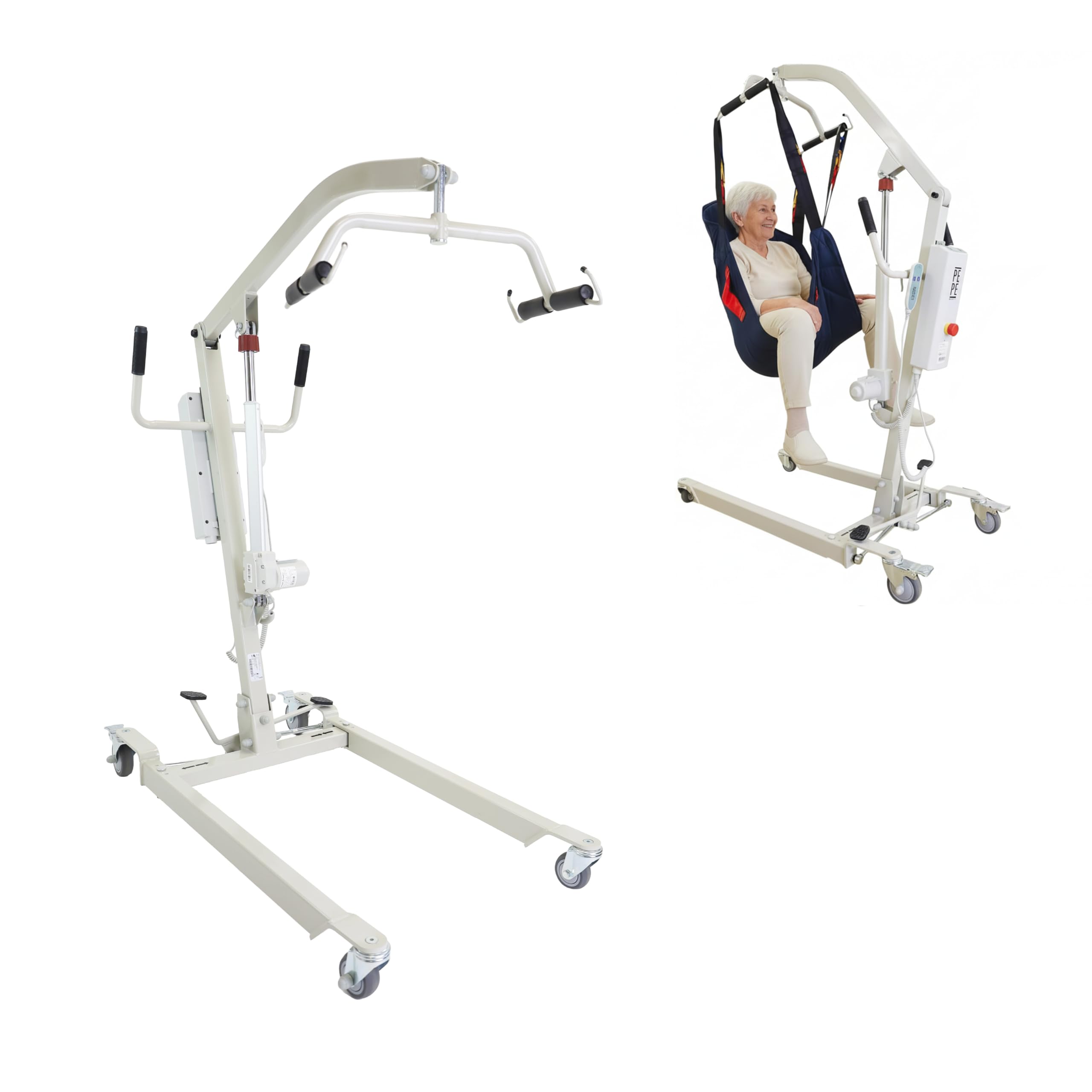PEPE Mobility Grúa para Personas Mayores Eléctrica (hasta 150 kg), Arnés de Transferencia Incluido, Ancho Ajustable, Ruedas con Bloqueo Seguridad