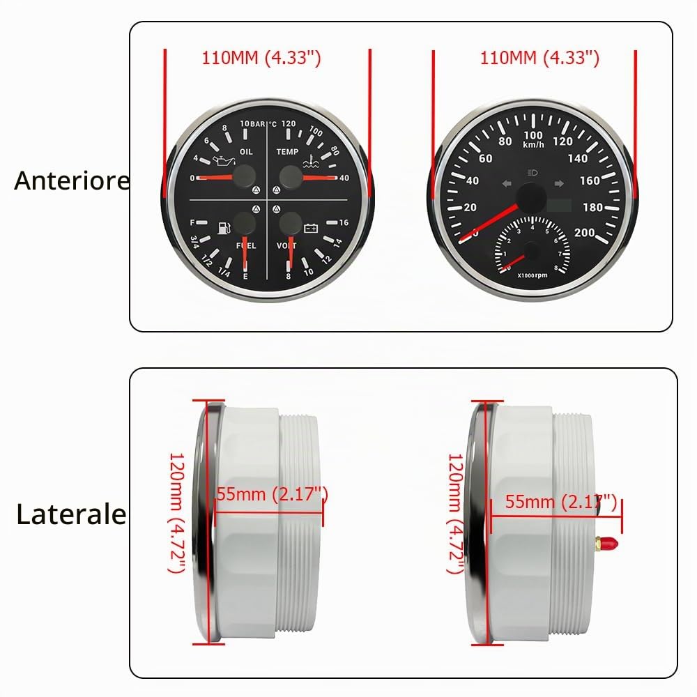 ELING Misuratore da 110 mm, 0-200 km/h, tachimetro GPS da 8000 giri/min, contagiri multifunzione 4 in 1, livello del carburante, pressione dell'olio, temperatura dell'acqua con retroilluminazione