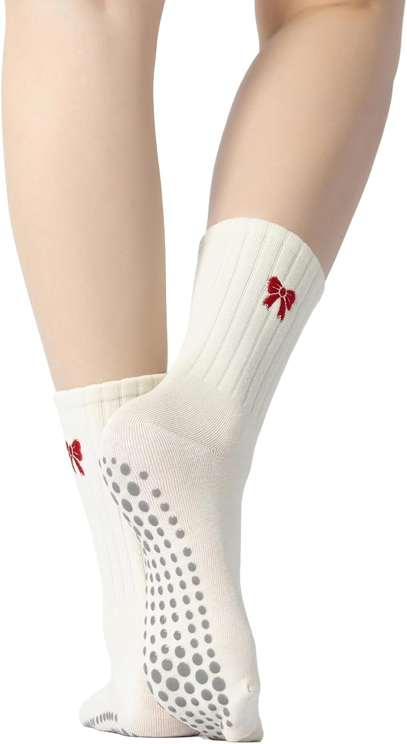 Yoga Pilates Socks with Grips for Women Non Slip Striped Cushioned Crew Socks for Barre Ballet Dance