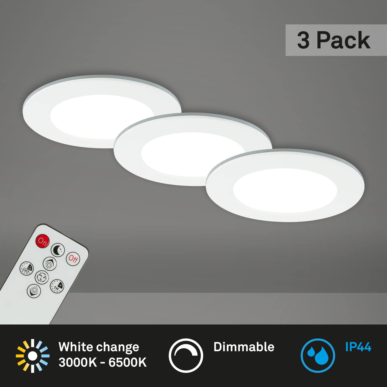 BRILONER - 3er Set Bad Einbaustrahler LED mit Fernbedienung, einstellbar von warmweiß bis kaltweiß, dimmbar, LED Spot, Deckenspots, Spots, Einbauleuchten, Einbauspots, 92x45 mm, Weiß (Packung mit 2)