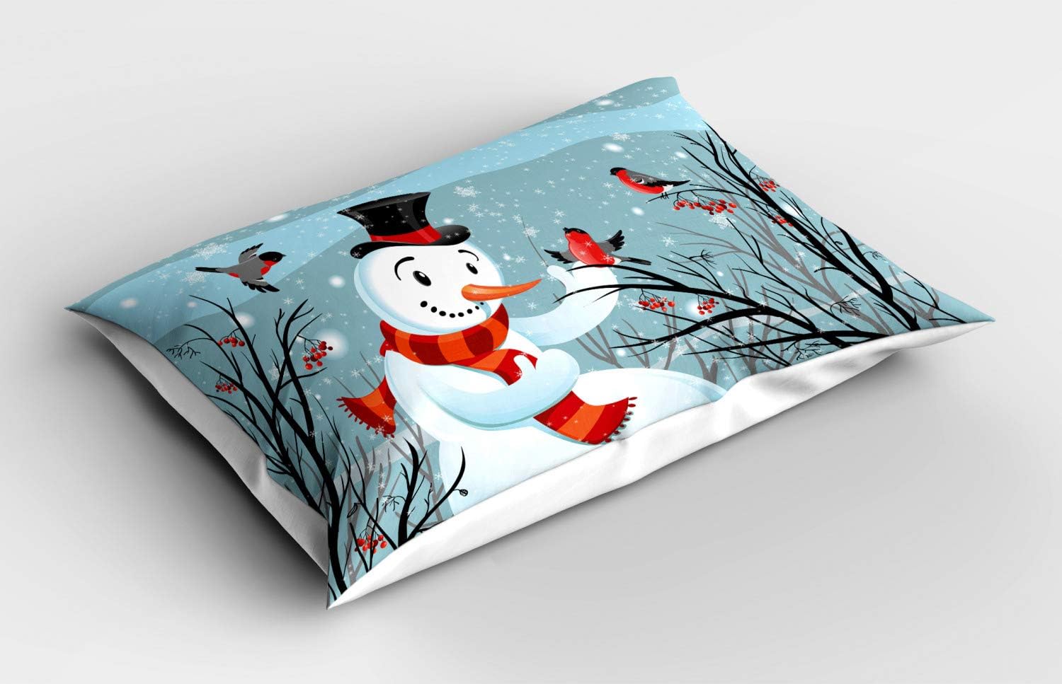 Ambesonne Christmas Pillow Sham, Snowy Winter Tree Branches Berries Bullfinch Birds Snowman Hat, Decorative Standard King Size Printed Pillowcase, 36" X 20", Almond Green Orange