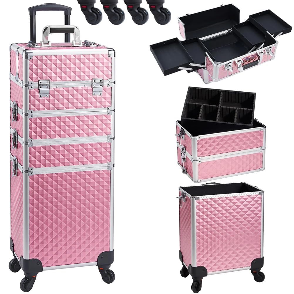 BAKAJI Trolley Make Up 4 in 1 Professionale con Trama Oleografica a Triangolare, Beauty Case Estetista Portatile, Valigia Porta Trucchi con Ruote Staccabili, Valigetta Organizer Makeup Viaggio (Rosa)