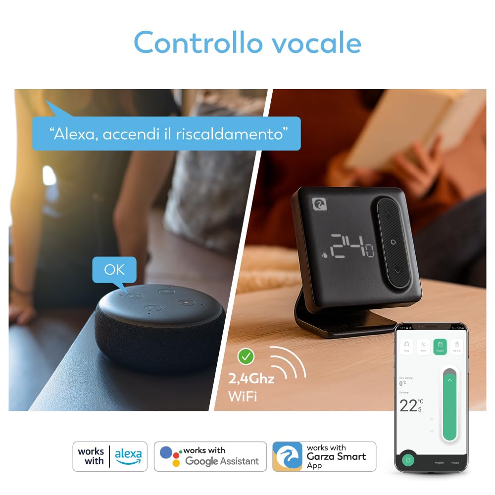 Garza - Termostato de 2 Hilos Wi-Fi Inteligente para Caldera y Calefacción, con Adaptador, Medidor Consumo, Control táctil, Detección Ventanas Abiertas, Control App y Voz, Alexa/Google, Negro