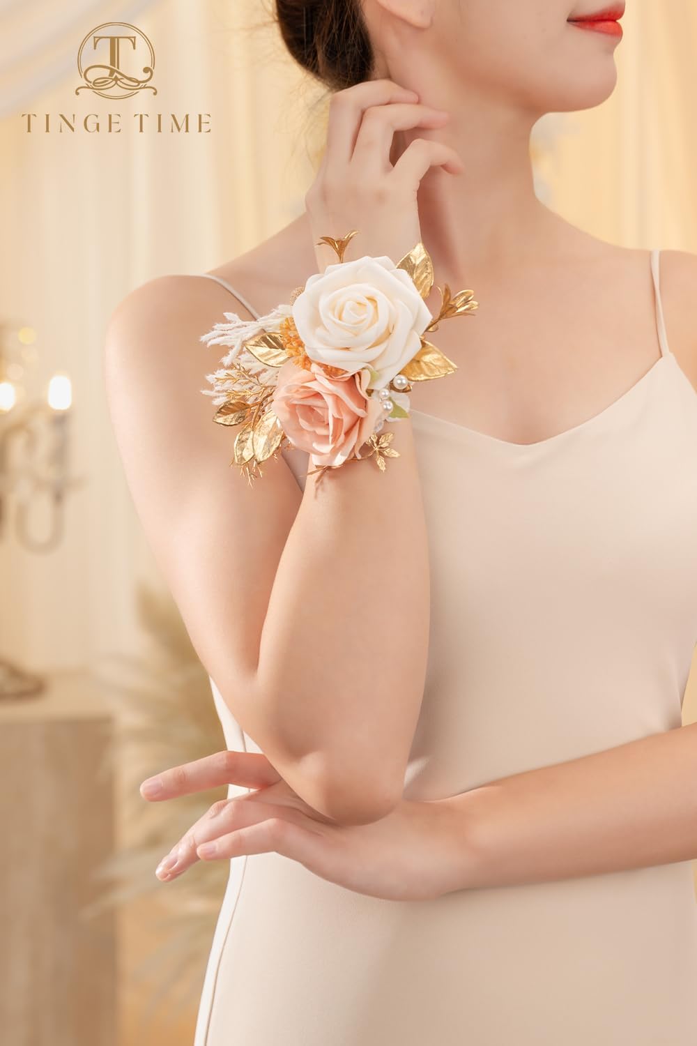 TINGE TIME Set of 2 Wrist Corsage Bracelets Pearl Wristlet Band Bridesmaid Bracelet for Wedding Ceremony Bridal Shower Wedding Artificial Flower Prom (Champagne&Pink)
