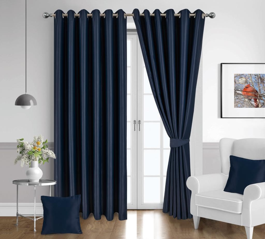 Eyelet Blackout Curtains For Bedroom Including 2 Cushion Covers, 2 Brackets & Tiebacks, Thermal Insulated Ring Top Window Treatments Curtain Pairs For Living Room (66 X 72 Inches, Navy Blue)