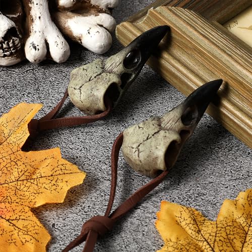 Geetery 4 Pcs Halloween Raven Skull Bone Necklace 2.36 Inch Gothic Leather Necklace Halloween Crow for Women Men Resin Bone Hanging Decoration Gift4