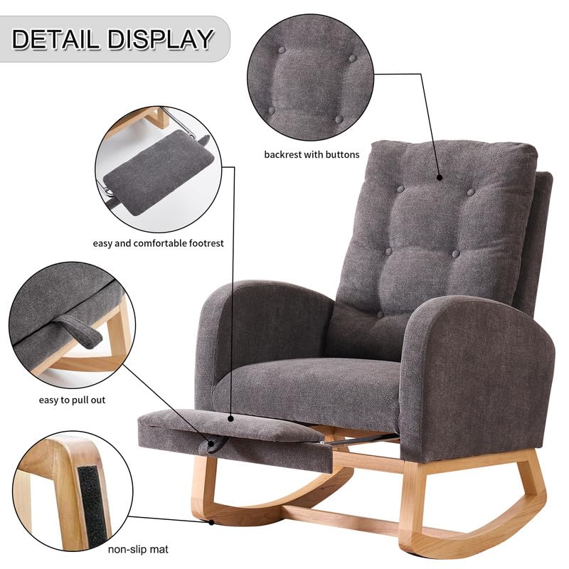 Image of Rocking Chair with Foot Rest, Nursery Rocking Chairs with Rubber Wood Legs, High Back Pocket Modern Upholstered Glider Chair, Comfy Accent Rocker Armchair for Living Room Bedroom,Dark Grey