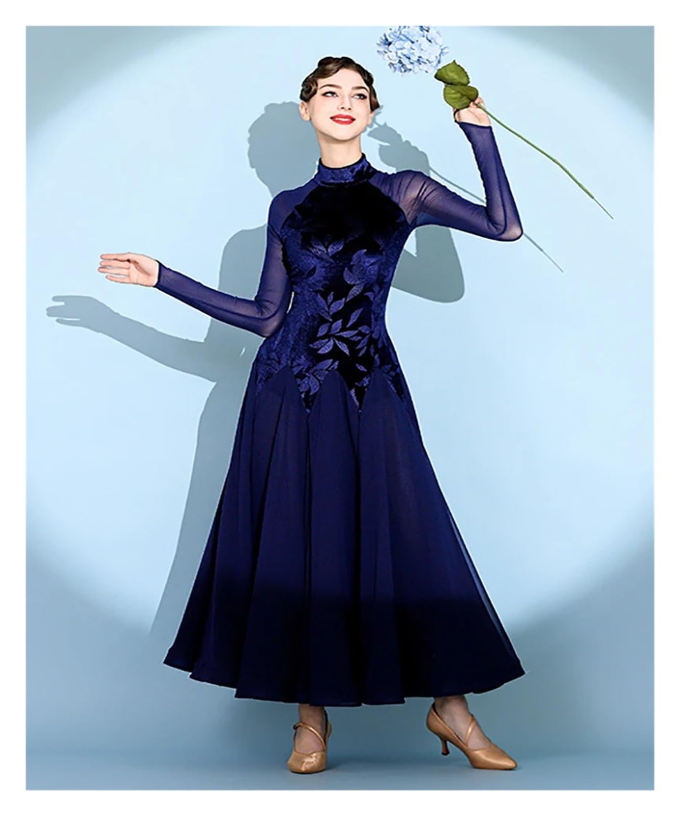 Tanzkleid Damen Ballroom Dance Damen Modern Dancewear Print Samt Mesh Walzer National Standard Social Practice Dress Gesellschaftstanz-Wettbewerbskleider