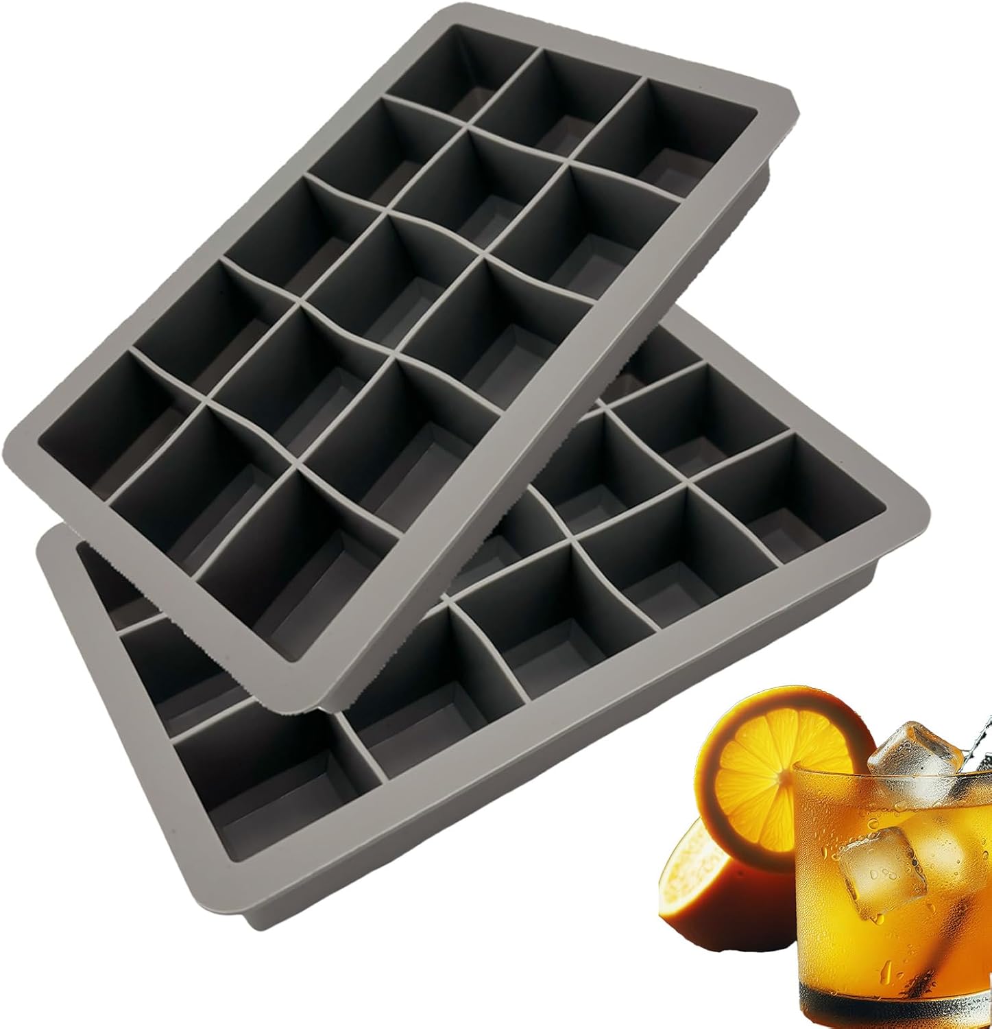 Silicone Ice Cube Trays With Lid, Pack Of 2, Easy Release Flexible Silicone Molds, 15 Cubes, Reusable Ice Maker for Freezer, Whiskey, Cocktail, Coffee, Baby Food, BPA-Free Square Mold
