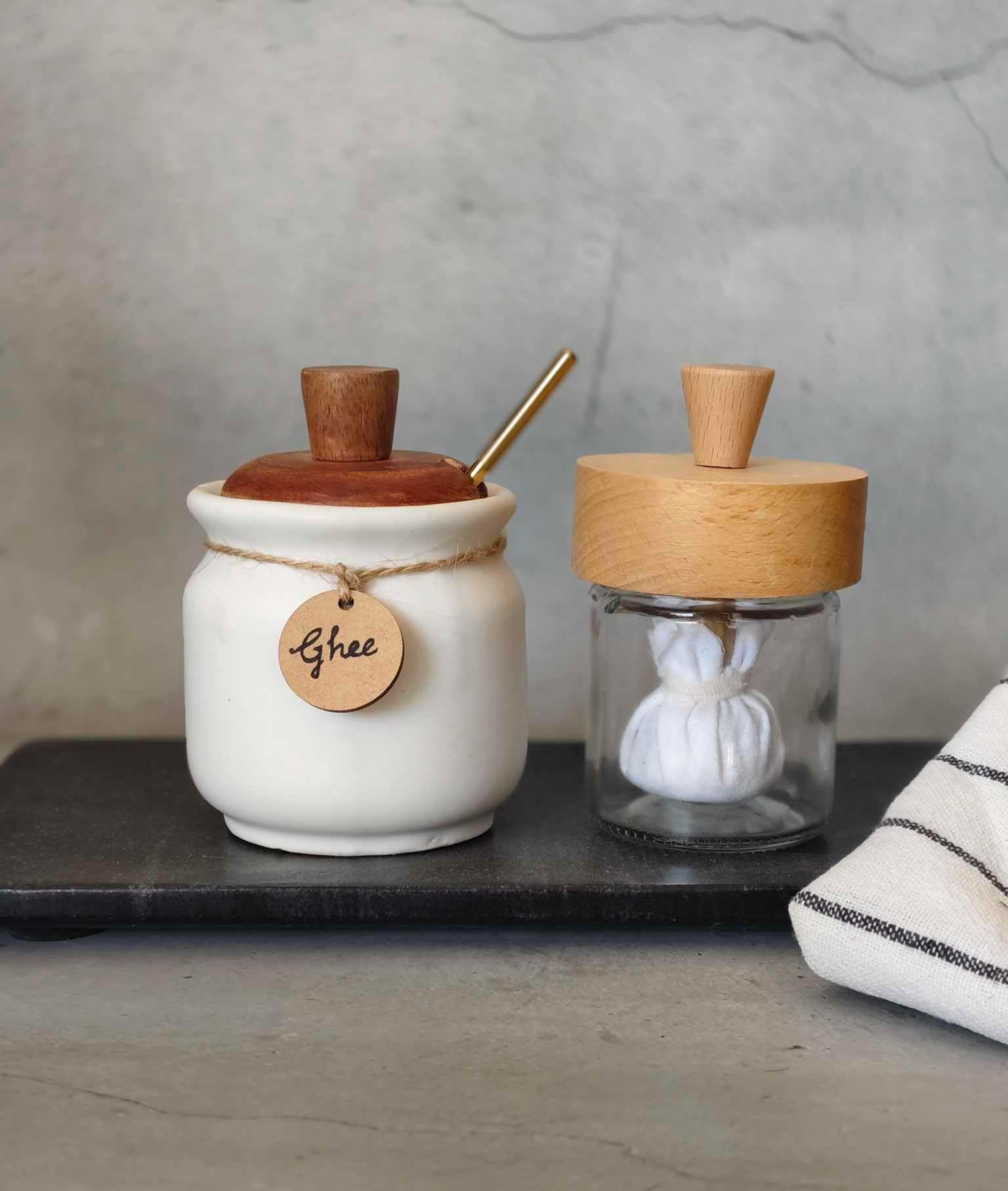The DECORHOME'S Mini Ghee Jar & Wooden Oil Spreader Combo | 100ml Ceramic Jar with Spoon | Traditional Dosa Oil Applicator | Eco-Friendly, Handcrafted Set