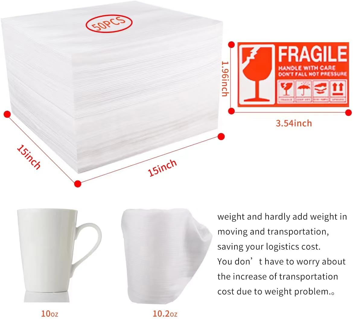 15"x15" Moving Supplies, 50pcs Foam Pouches, Packing Supplies for Moving and Storing, Foam pouches for Packing Dishes, Glasses, Cups. (15"x15")