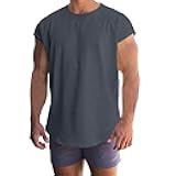 Mens Summer Tops Gym Workout T Shirts Cap Sleeve Loose Muscle Athletic Shirts Pullover Solid Color Casual Beach Tees