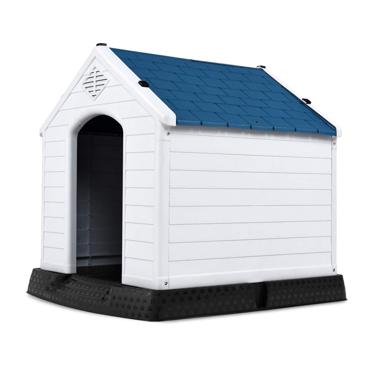 GOPLUS Niche pour Chien en Plastique avec Trous de Ventilation et Plancher Surélevé, Maison pour Chien avec Toit Étanche, pour Utilisation Intérieure et Extérieure (Bleu, M)