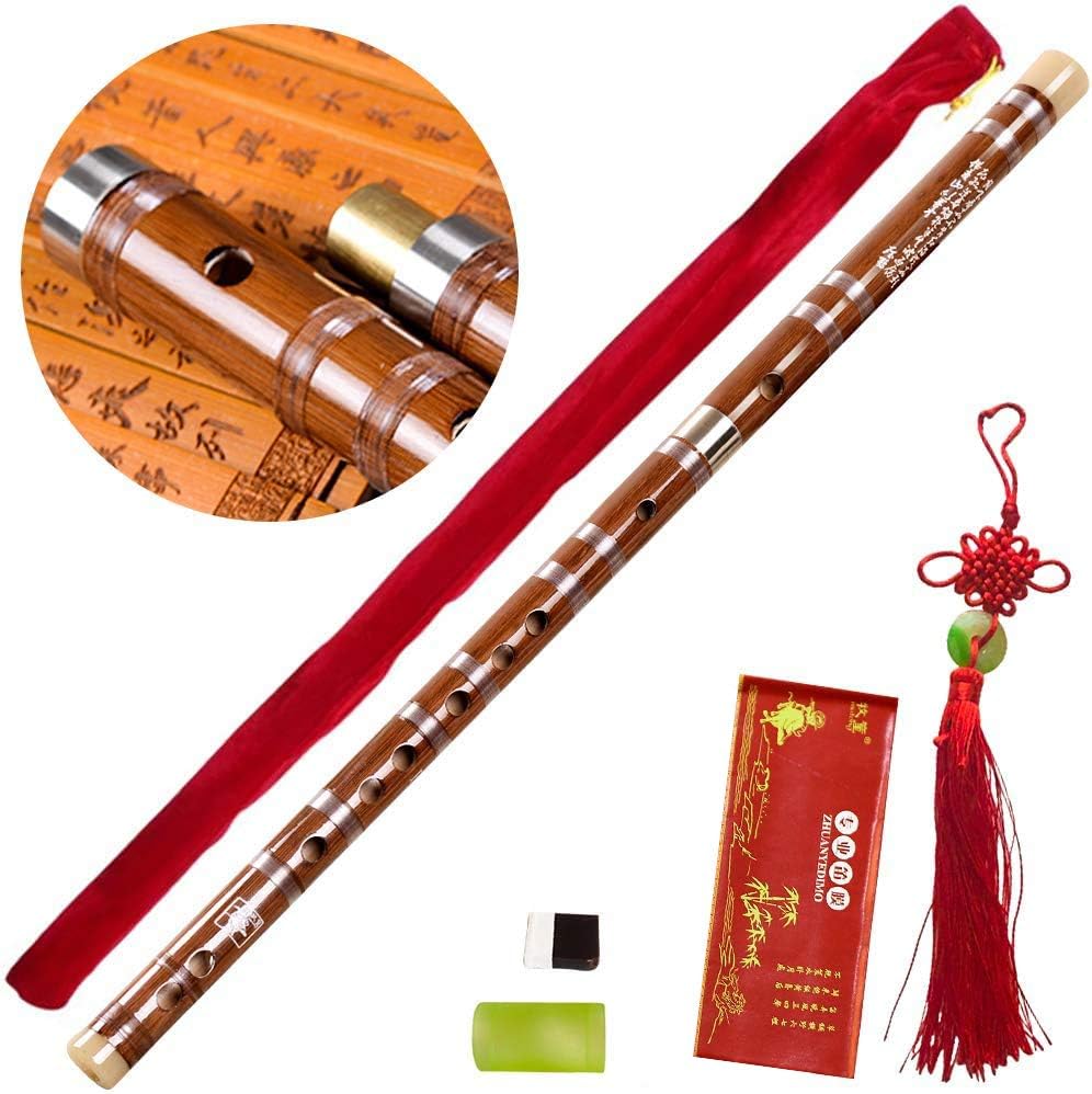 Pluggable F key Bitter Bamboo Flute Dizi, Chinese Traditional Handmade Musical Woodwind Instrument Key of F, with Free Membrane & Glue & Protector Set (Brown)