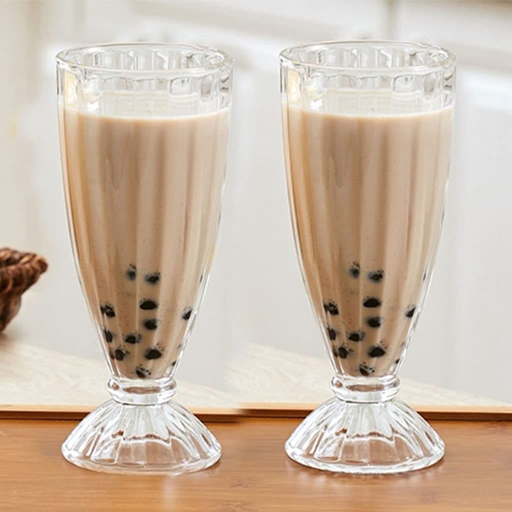 Wasserbecher, 350 ml, Glas, Milch, Teetasse, Milchshake-Becher, Eisbecher, Saftbecher, Dessertbecher, dicker, runder, gestreifter Juwelenbecher, 2 isolierte Becher
