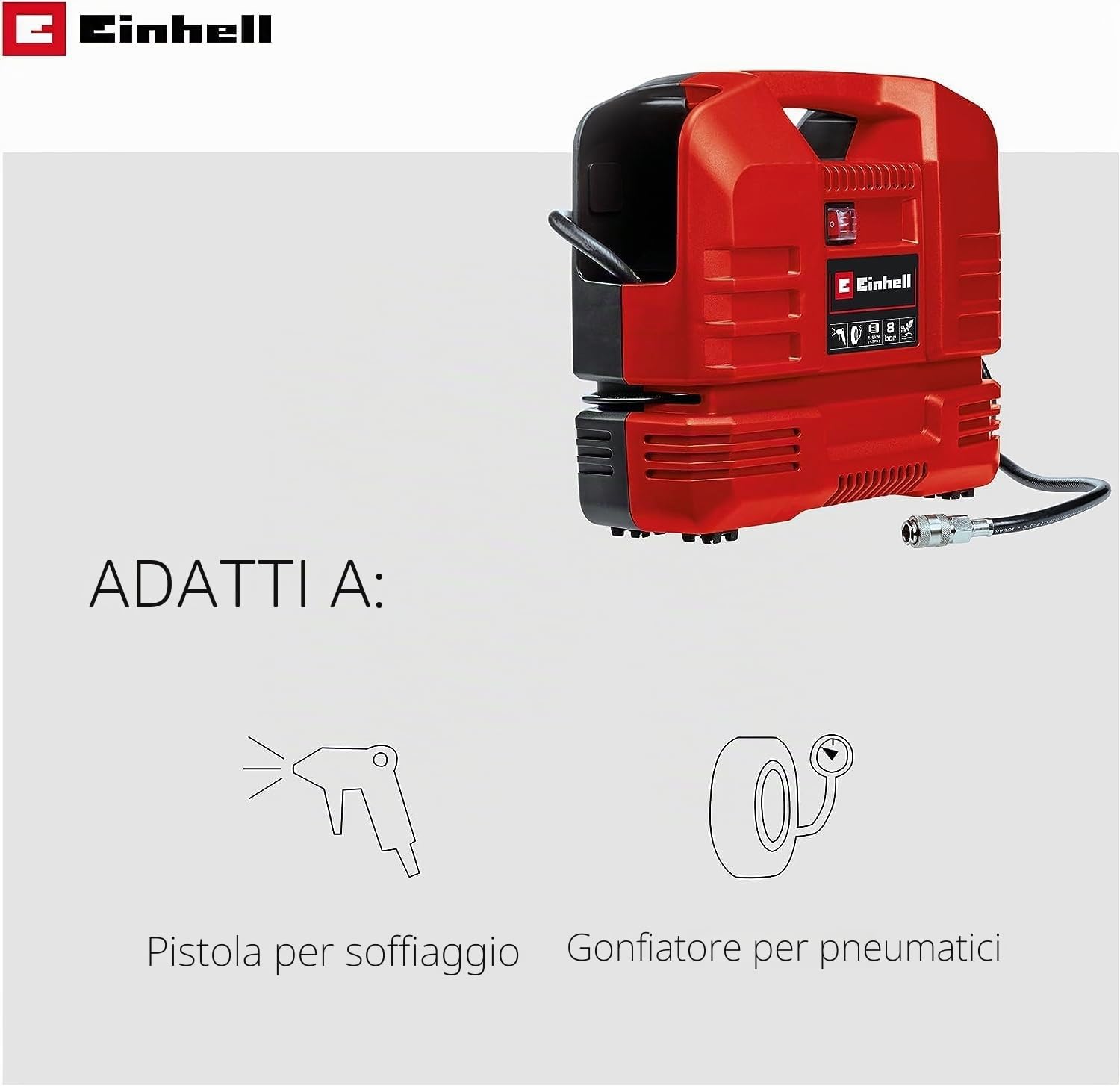 Einhell TC-AC 190 OF Set Compressore Portatile Senza Serbatoio (220-240 V, 1100 W, Max 8 Bar, Aria Max 165 L/min., Autolubrificato, Incl. Pistola Soffiaggio, Tubo 3m, Manometro, Set 3 Adattatori)
