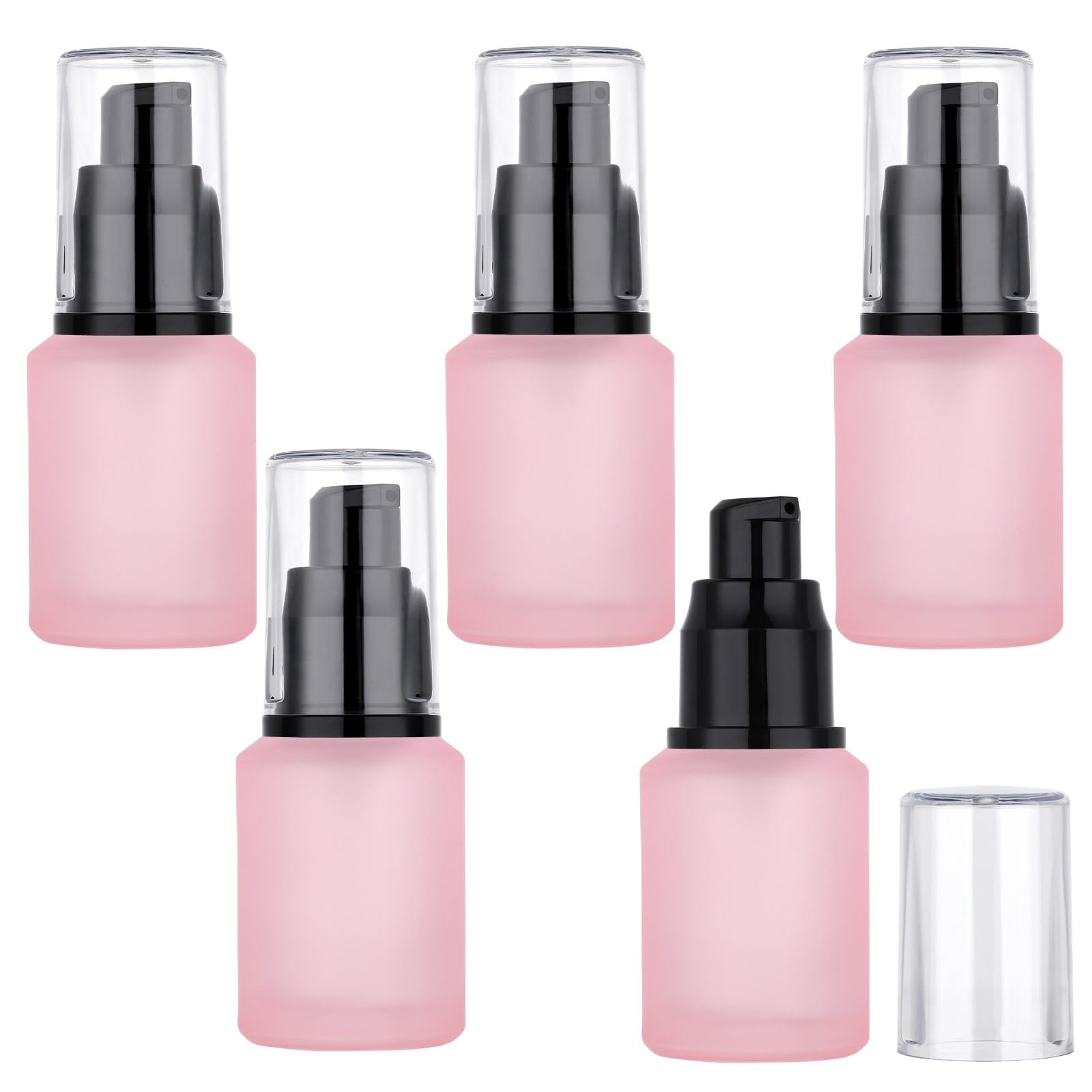 Segbeauty 1oz Frosted Empty Glass Lotion Bottles, 5pcs Small Pump Bottle Travel Size Pump Dispenser, 30ml Pink Reusable Cosmetic Containers for Cream, Refillable Glass Travel Bottle for Toiletries