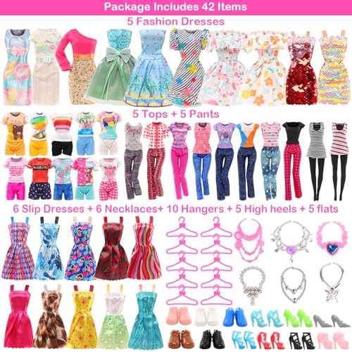 BARWA 42 Pack Doll Clothes and Accessories 5 PCS Fashion Dresses 5 Tops 5 Pants Outfits 6 PCS Mini Dresses 10 Shoes 6 Necklace 10 Hangers for 11.5 inch Doll