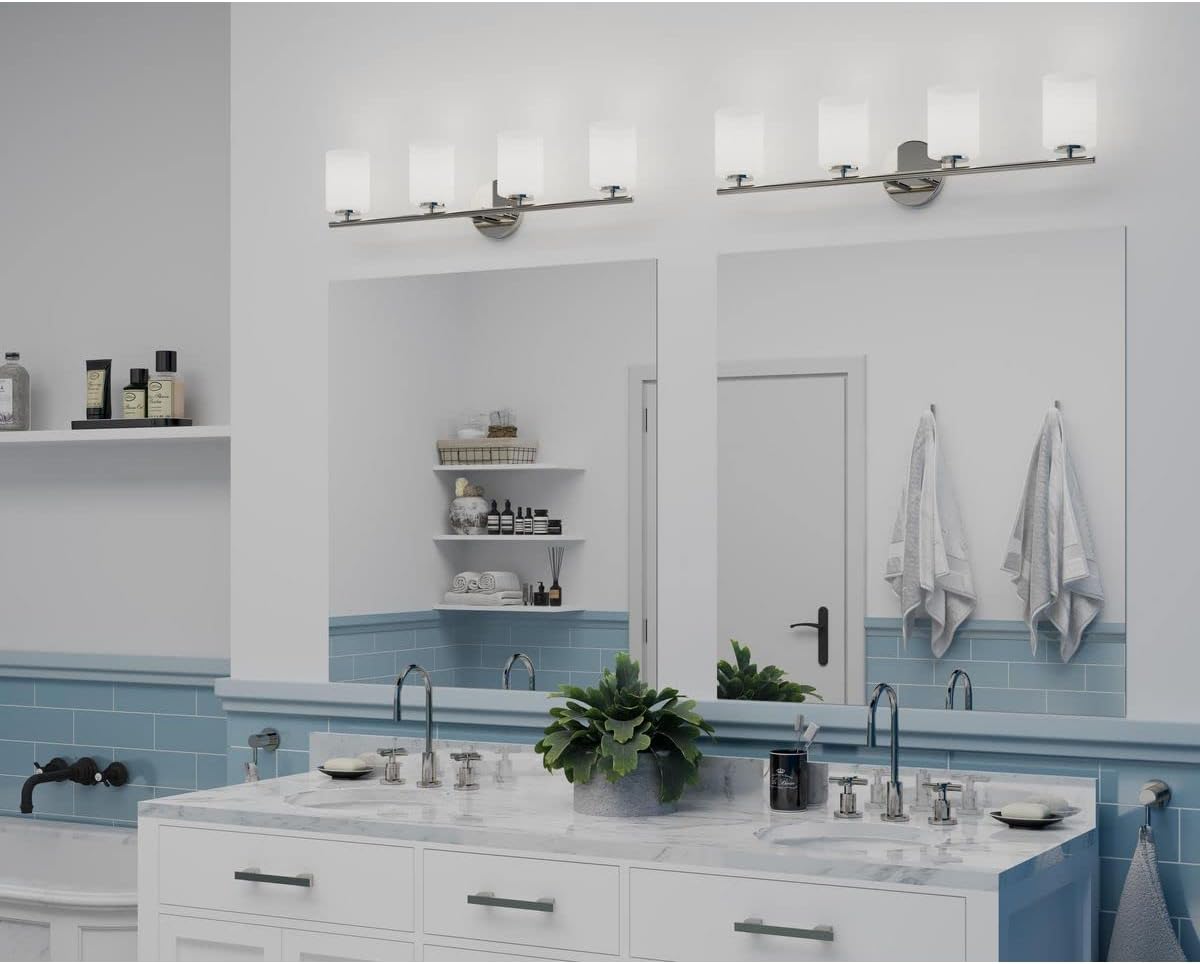 Progress Lighting Replay Collection 4 Light Bathroom Vanity Light, Modern Bath Lighting Fixture with Etched White Glass Shades for Over The Mirror, Reversible Mounting, Polished Nickel
