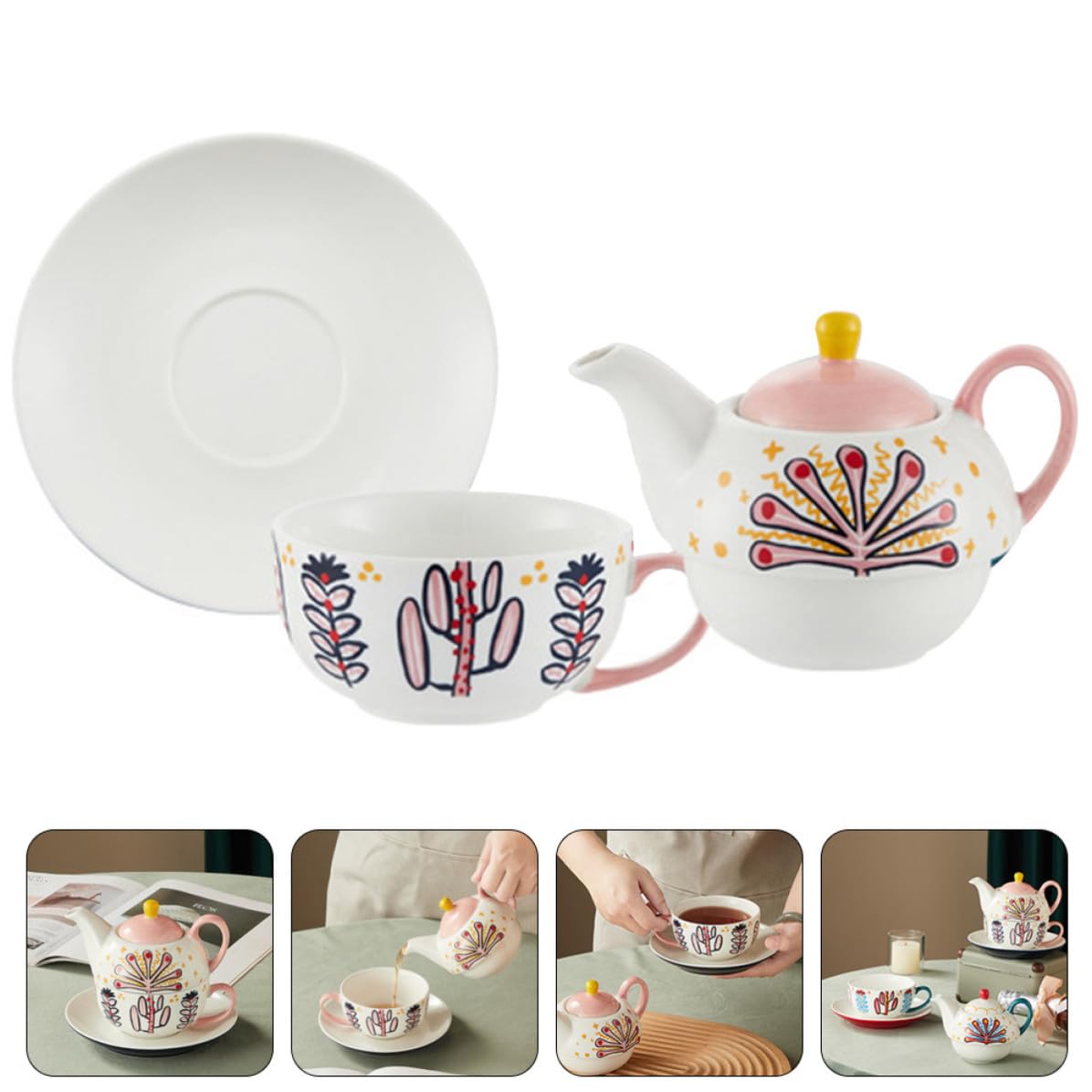 Juego de Tetera de Cerámica Rosa Reutilizable Taza y Bandeja