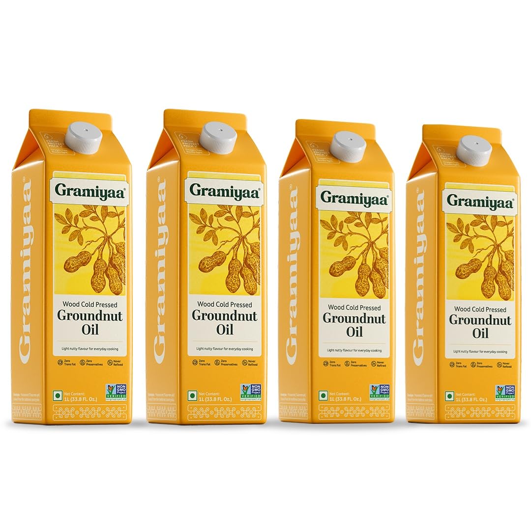 Gramiyaa Wood Cold Pressed Groundnut Oil (Peanut Oil) - 4 Ltr | 100% Pure Unrefined Marachekku Oil/Kachi Ghani Oil | Chemical & Cholesterol Free Healthy Cooking Oil for Daily Use