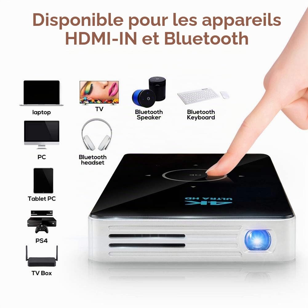 Projecteur Vidéo Mini DLP, 2.4G / 5G WiFi 2500 Lumens Portable Projecteur de Beamer 16G Home Cinéma Vidéoprojecteur Prend en Charge HDMI/USB/TF Carte/Bluetooth 4.1 (EU 110-240V)