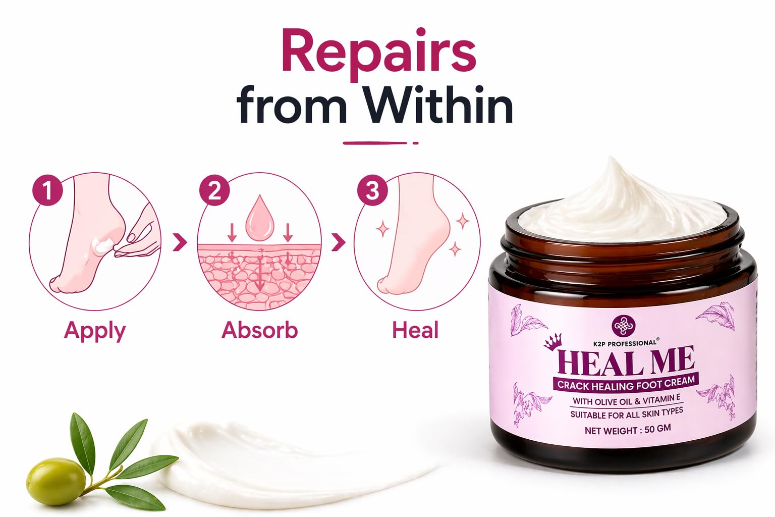 K2P HEALME Crack Healiso Foot Cream for Cracked Heels | Deep Moisturizing Heel Repair with Olive Oil & Vitamin E | Soft & Smooth Feet Care | Dry, Rough Heel Treatment | 50g 3